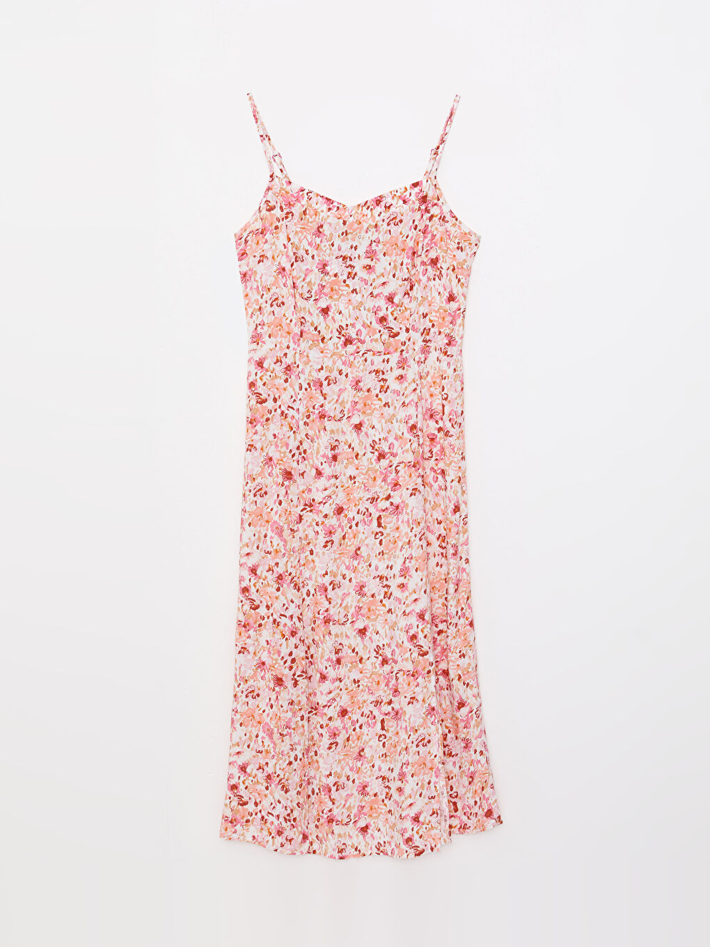 Ekru Kalp Yaka Çiçekli Askılı Viskon Kadın Elbise-4