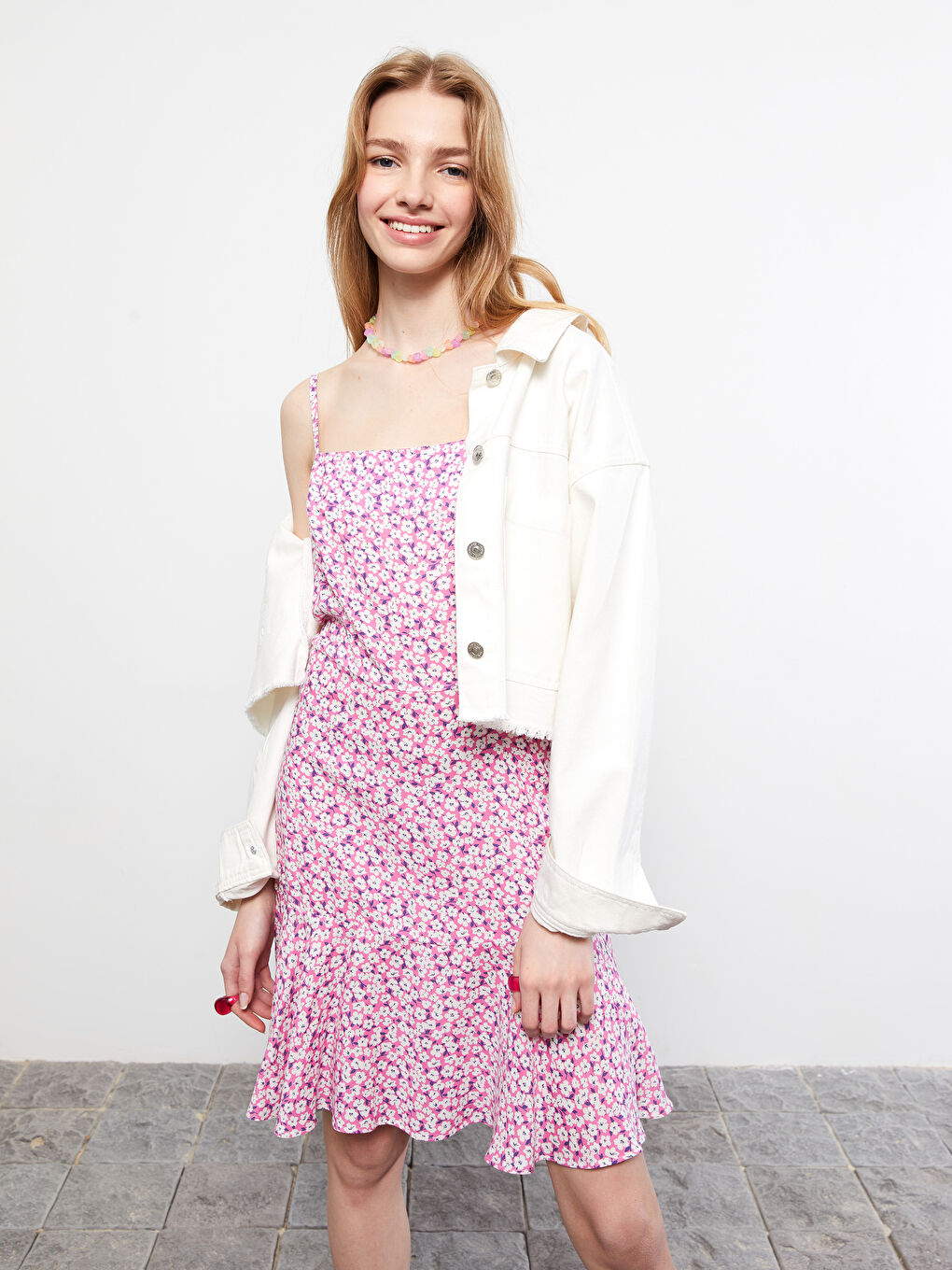 Square Collar Floral Strap Viscose Women's Dress -S2IK45Z8-LT4
