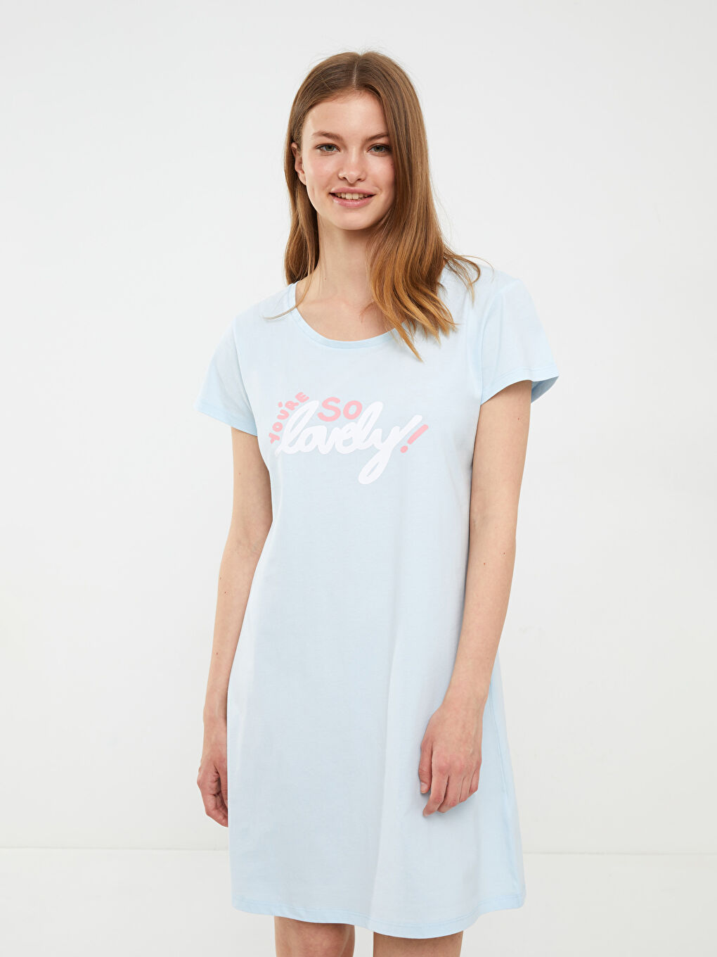Mavi Bisiklet Yaka Baskılı Kısa Kollu Pamuklu Kadın Gecelik-1