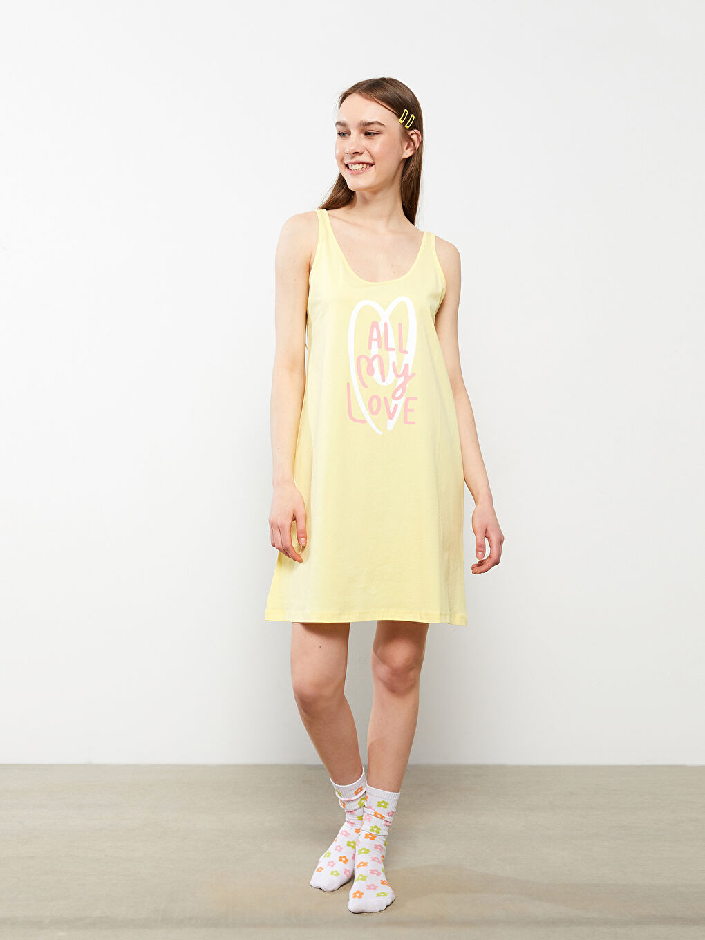 Chemise de nuit en coton imprimée à fines bretelles pour Femmes avec encolure en U