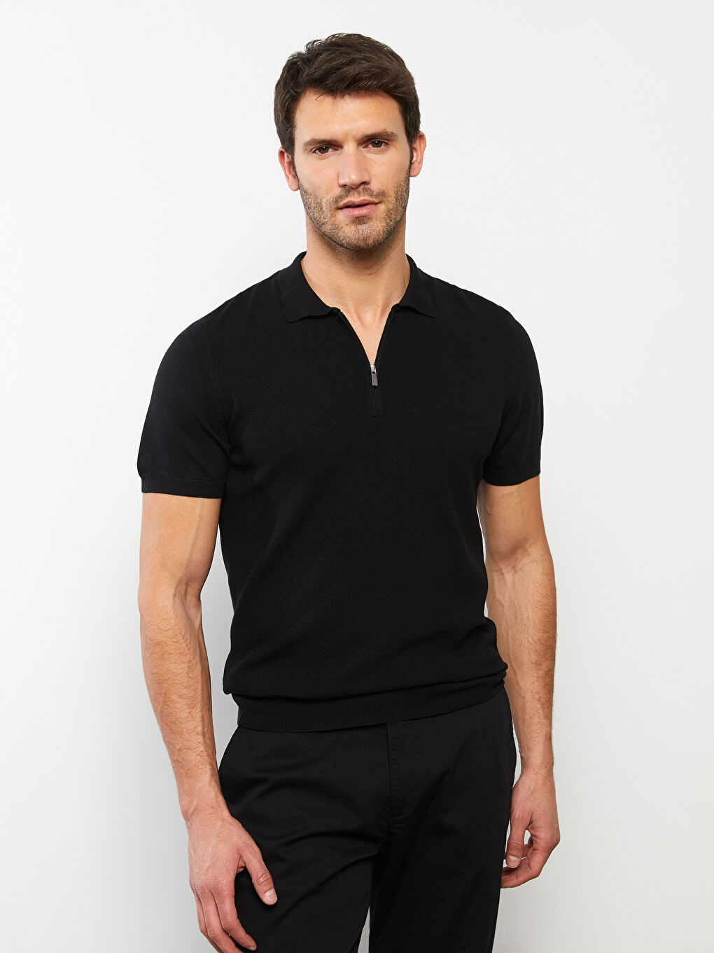 Siyah Polo Yaka Kısa Kollu Erkek Triko Kazak