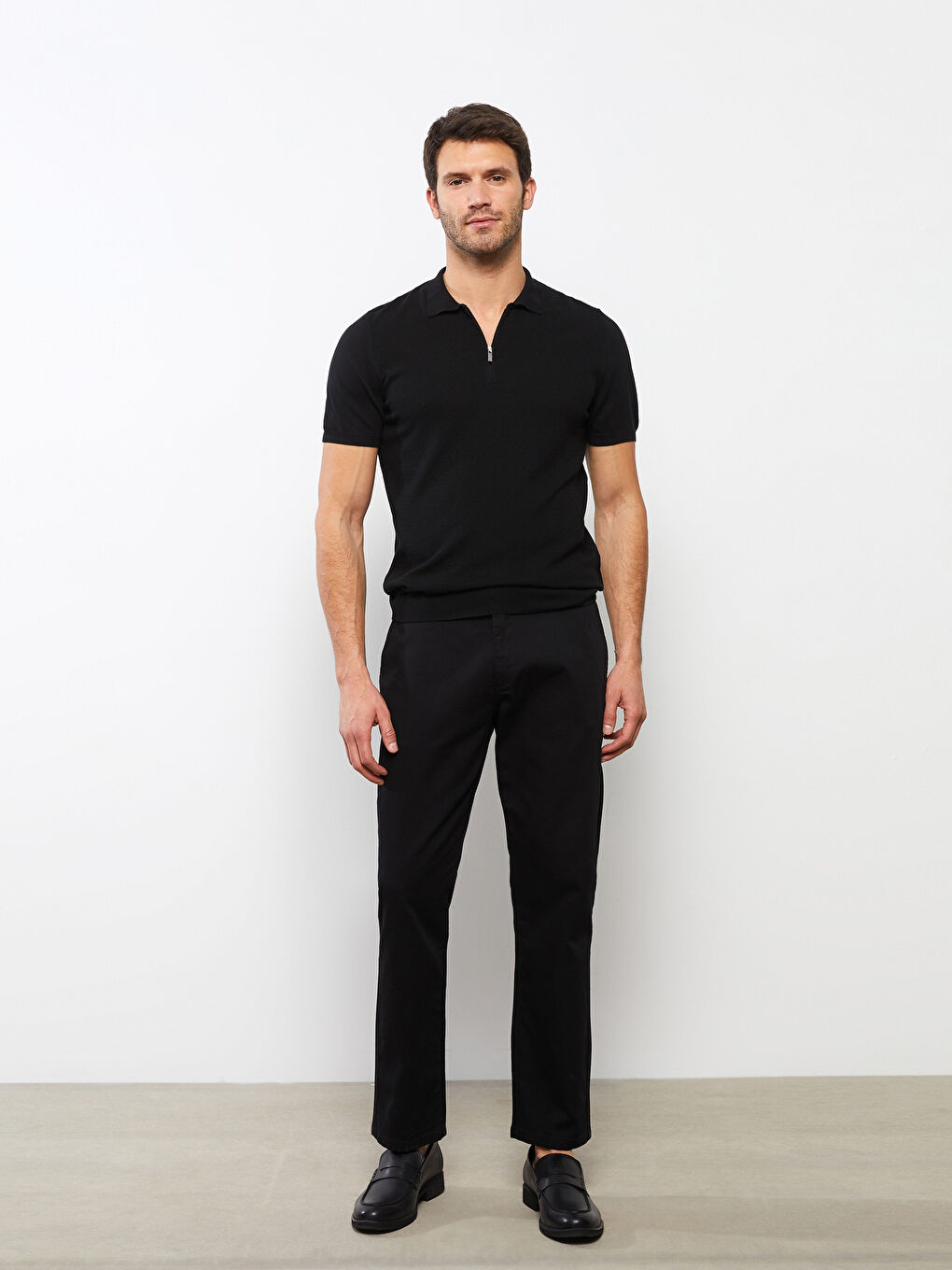 Siyah Polo Yaka Kısa Kollu Erkek Triko Kazak-1