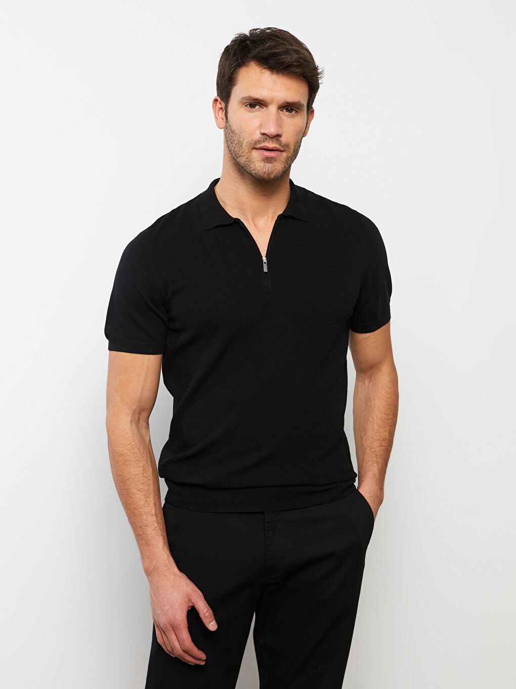 Siyah Polo Yaka Kısa Kollu Erkek Triko Kazak-2
