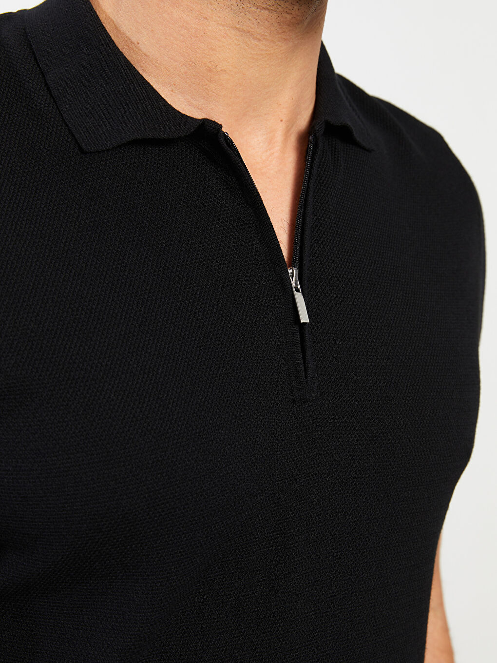 Siyah Polo Yaka Kısa Kollu Erkek Triko Kazak-3