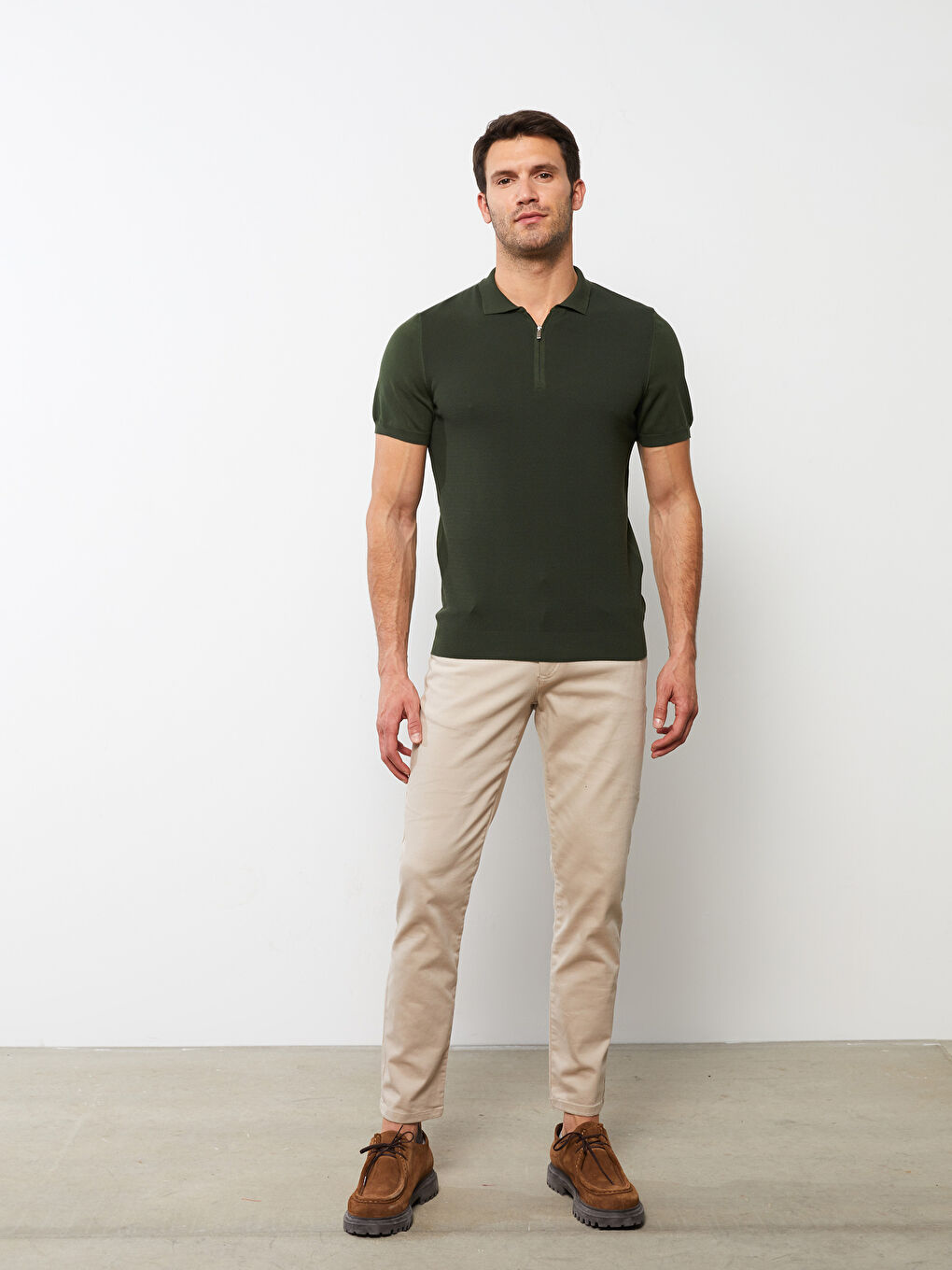 Yeşil Polo Yaka Kısa Kollu Erkek Triko Kazak