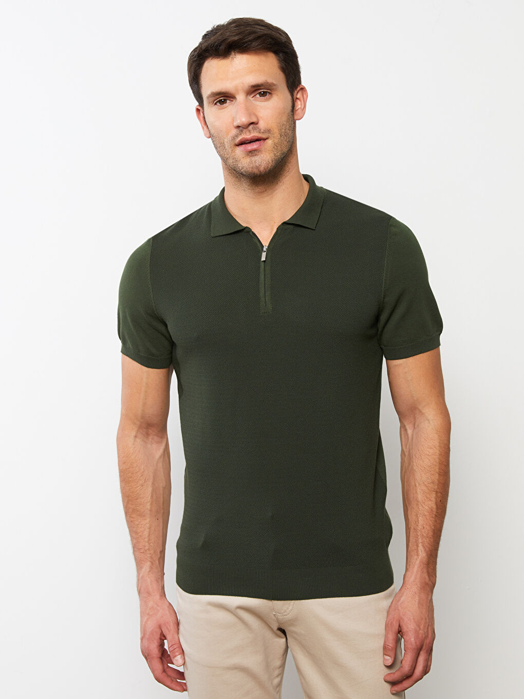 Yeşil Polo Yaka Kısa Kollu Erkek Triko Kazak-1