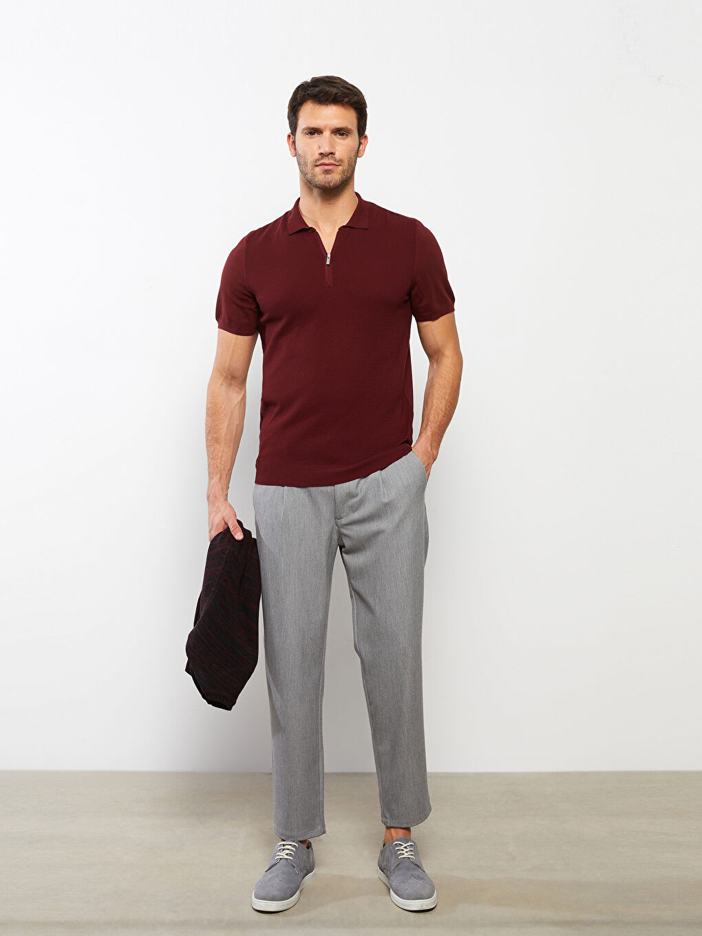 Bordo Polo Yaka Kısa Kollu Erkek Triko Kazak