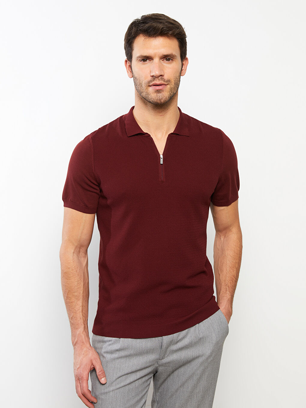 Bordo Polo Yaka Kısa Kollu Erkek Triko Kazak-1