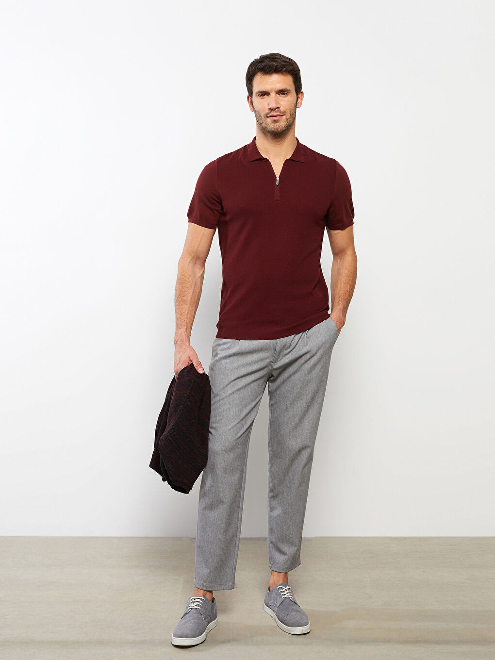 Bordo Polo Yaka Kısa Kollu Erkek Triko Kazak-2