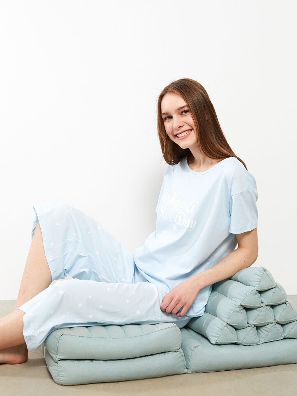 Crew Neck Printed Short Sleeve Cotton Women's Pajama Set