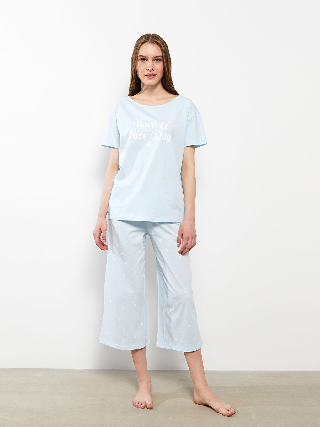 Crew Neck Printed Short Sleeve Cotton Women's Pajama Set-1
