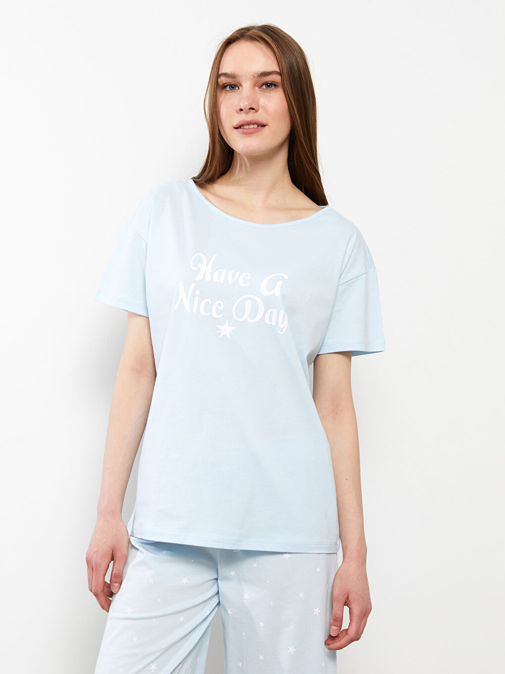 Crew Neck Printed Short Sleeve Cotton Women's Pajama Set-2