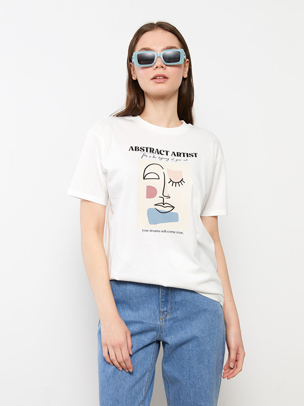 Ekru Bisiklet Yaka Baskılı Kısa Kollu Kadın Tunik-1