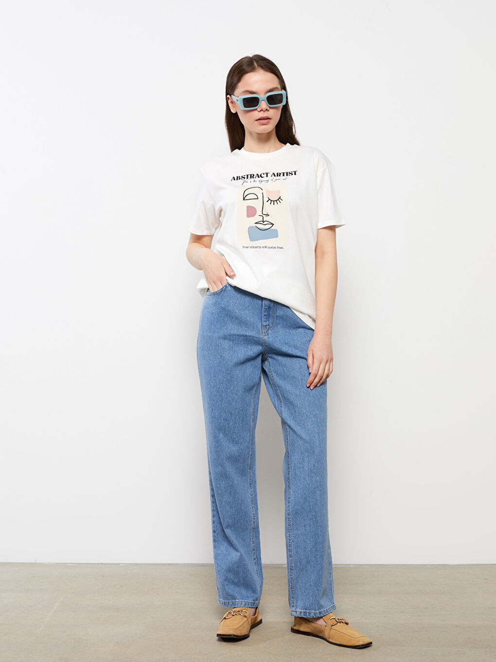 Ekru Bisiklet Yaka Baskılı Kısa Kollu Kadın Tunik-2