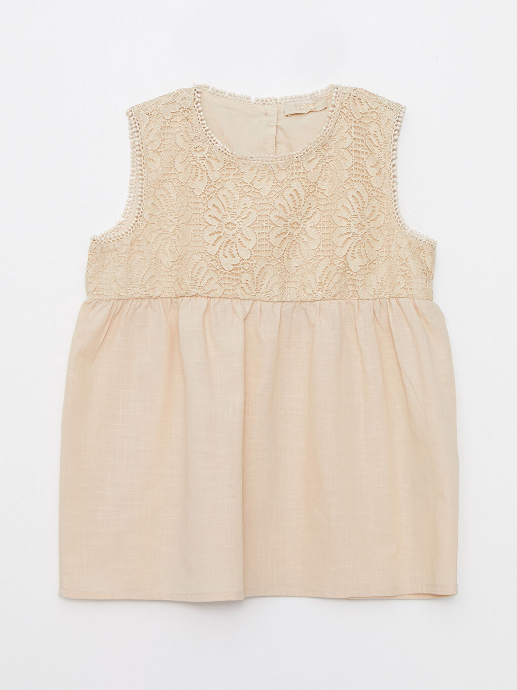 Bej Bisiklet Yaka Dantel Detaylı Poplin Kız Çocuk Bluz