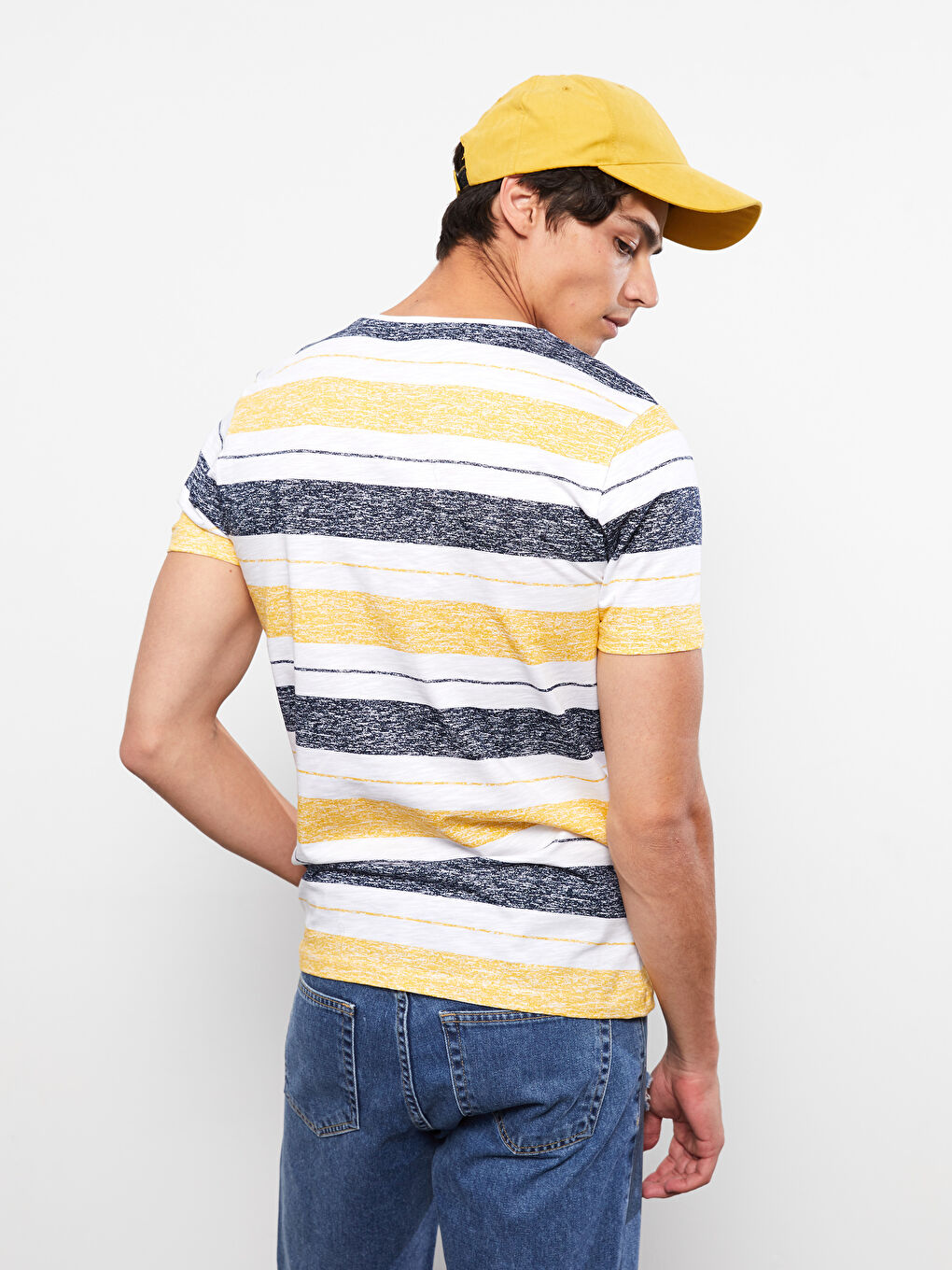 Sarı Bisiklet Yaka Kısa Kollu Çizgili Penye Erkek Tişört-3