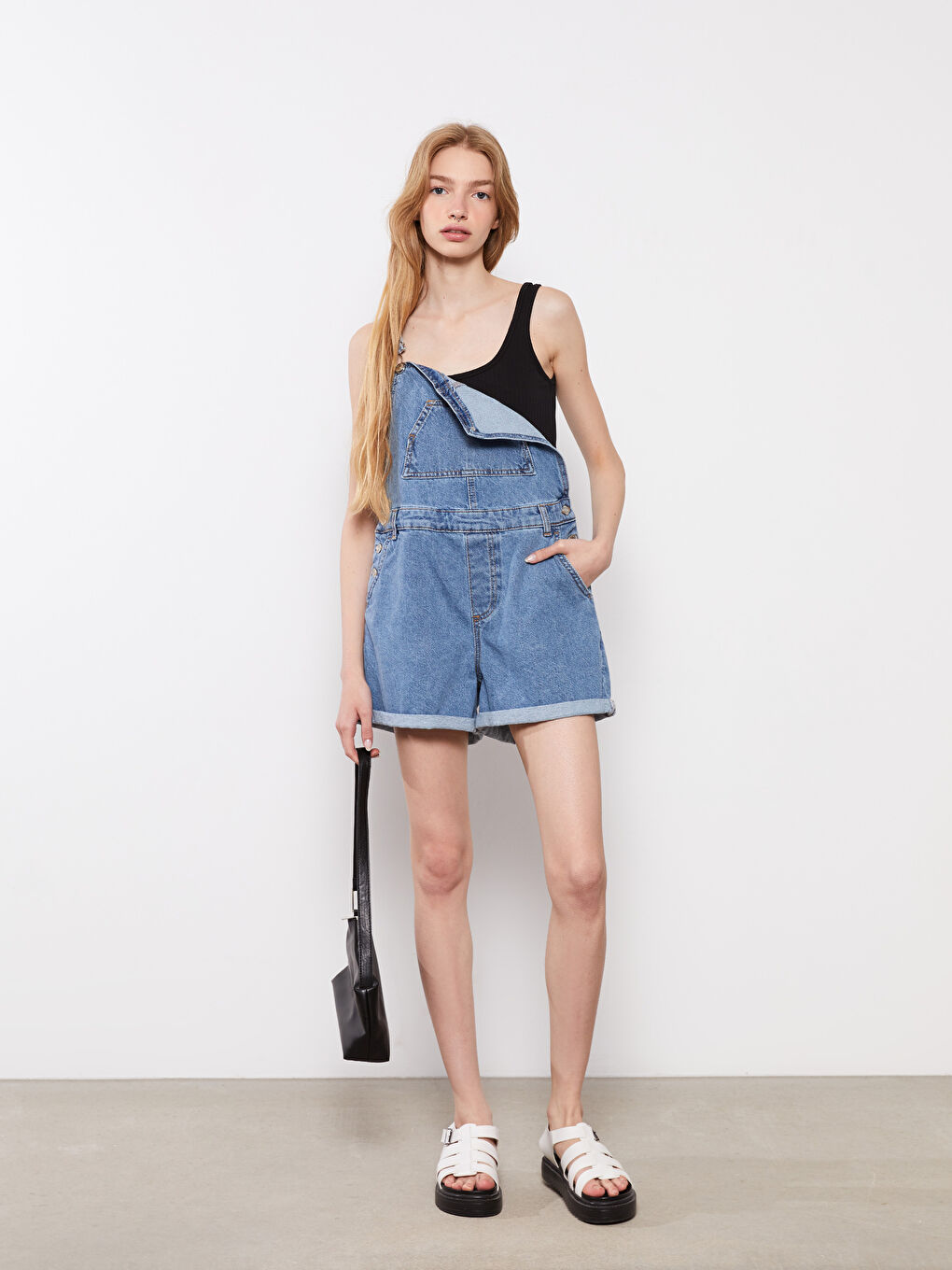 Square Collar Straight Pocket Detailed Women's Jean Salopet