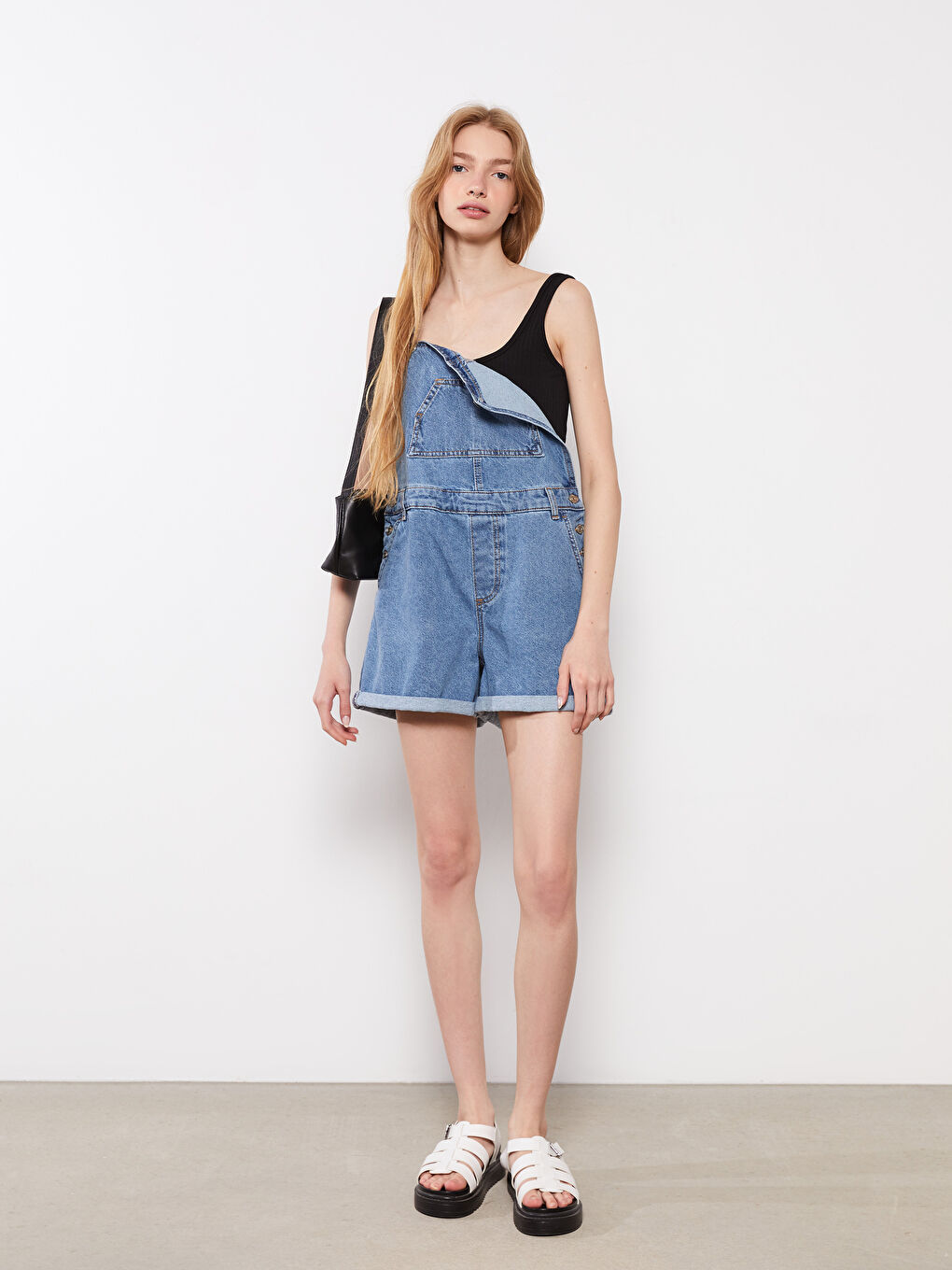 Square Collar Straight Pocket Detailed Women's Jean Salopet-1