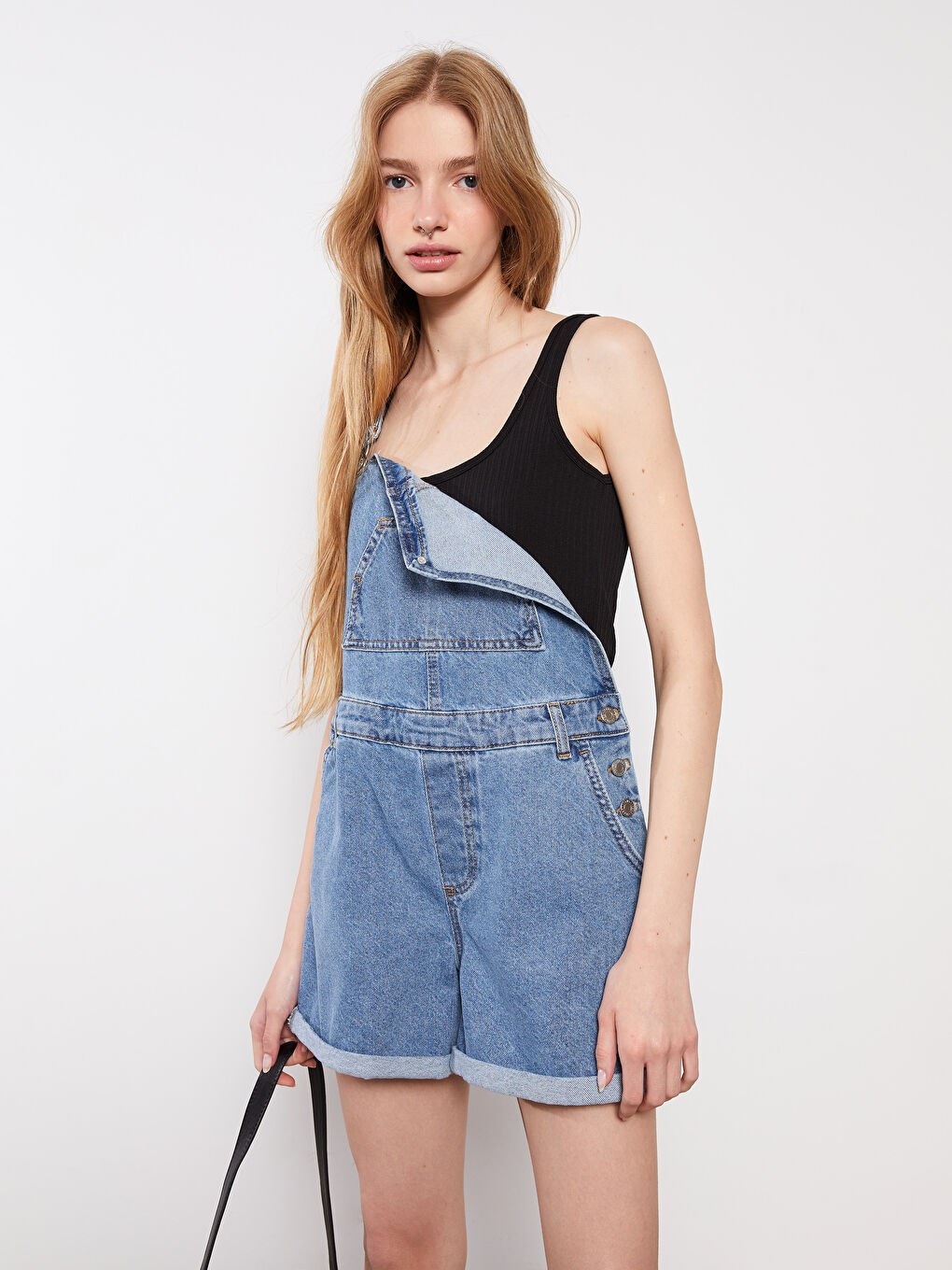 Square Collar Straight Pocket Detailed Women's Jean Salopet-2