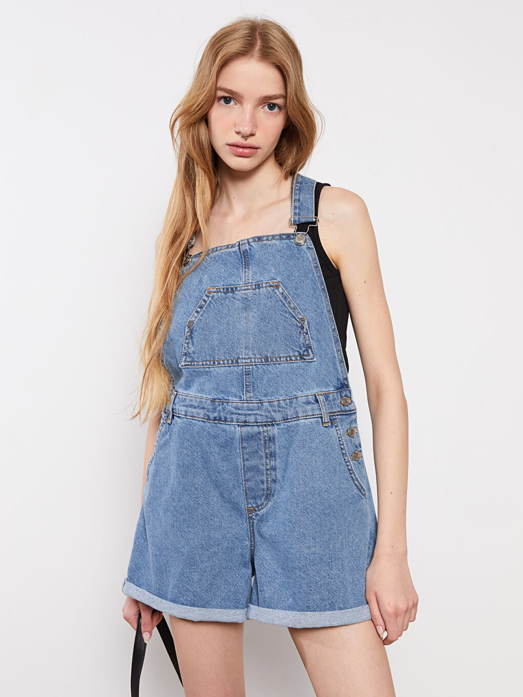 Square Collar Straight Pocket Detailed Women's Jean Salopet-3