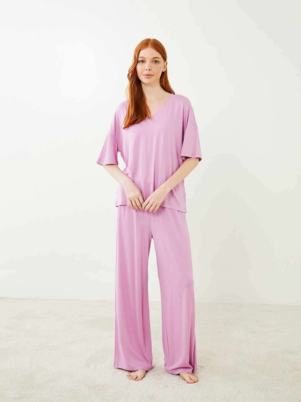 Lila V Yaka Kadın Pijama Takımı