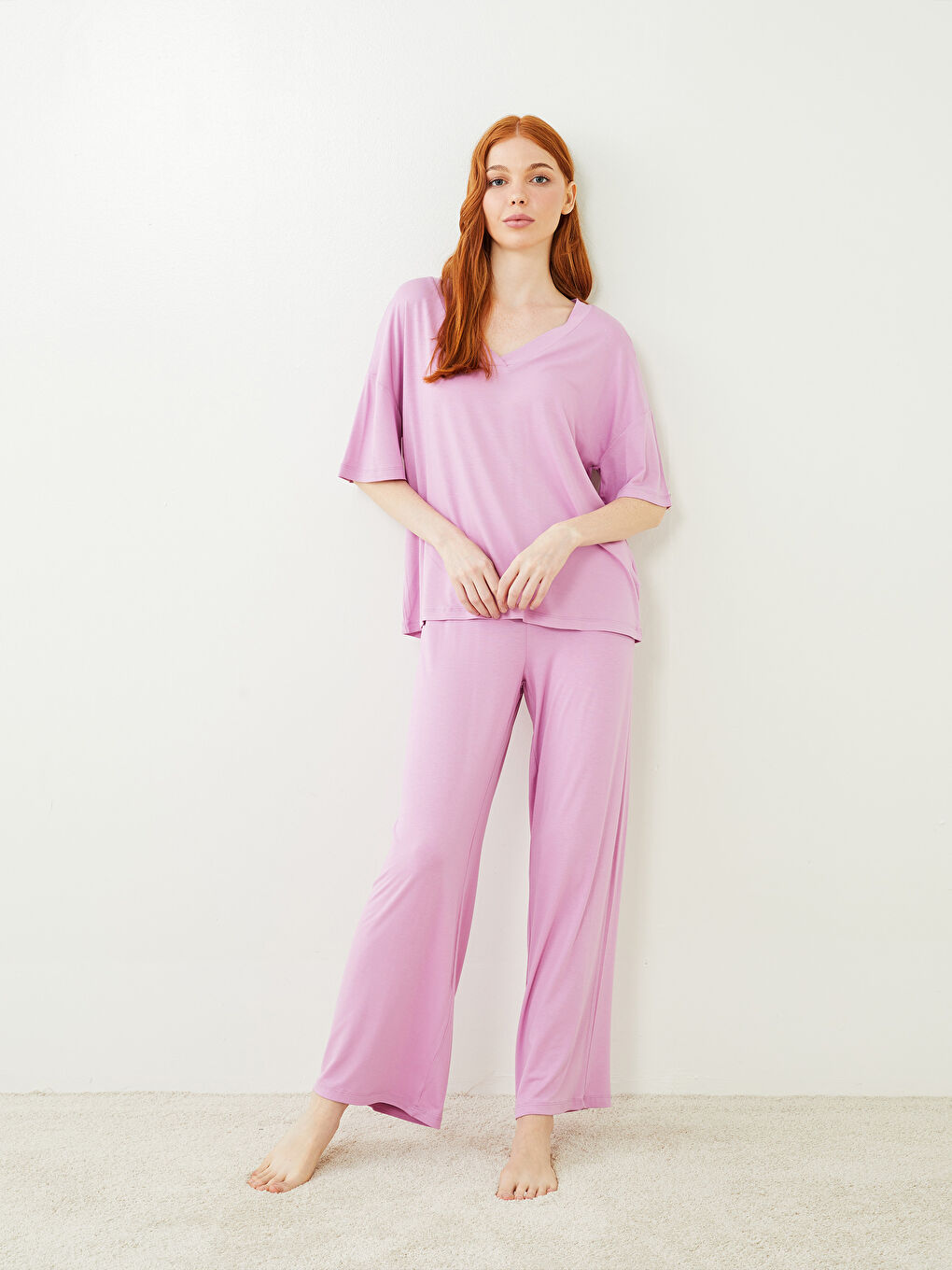 Lila V Yaka Kadın Pijama Takımı-1