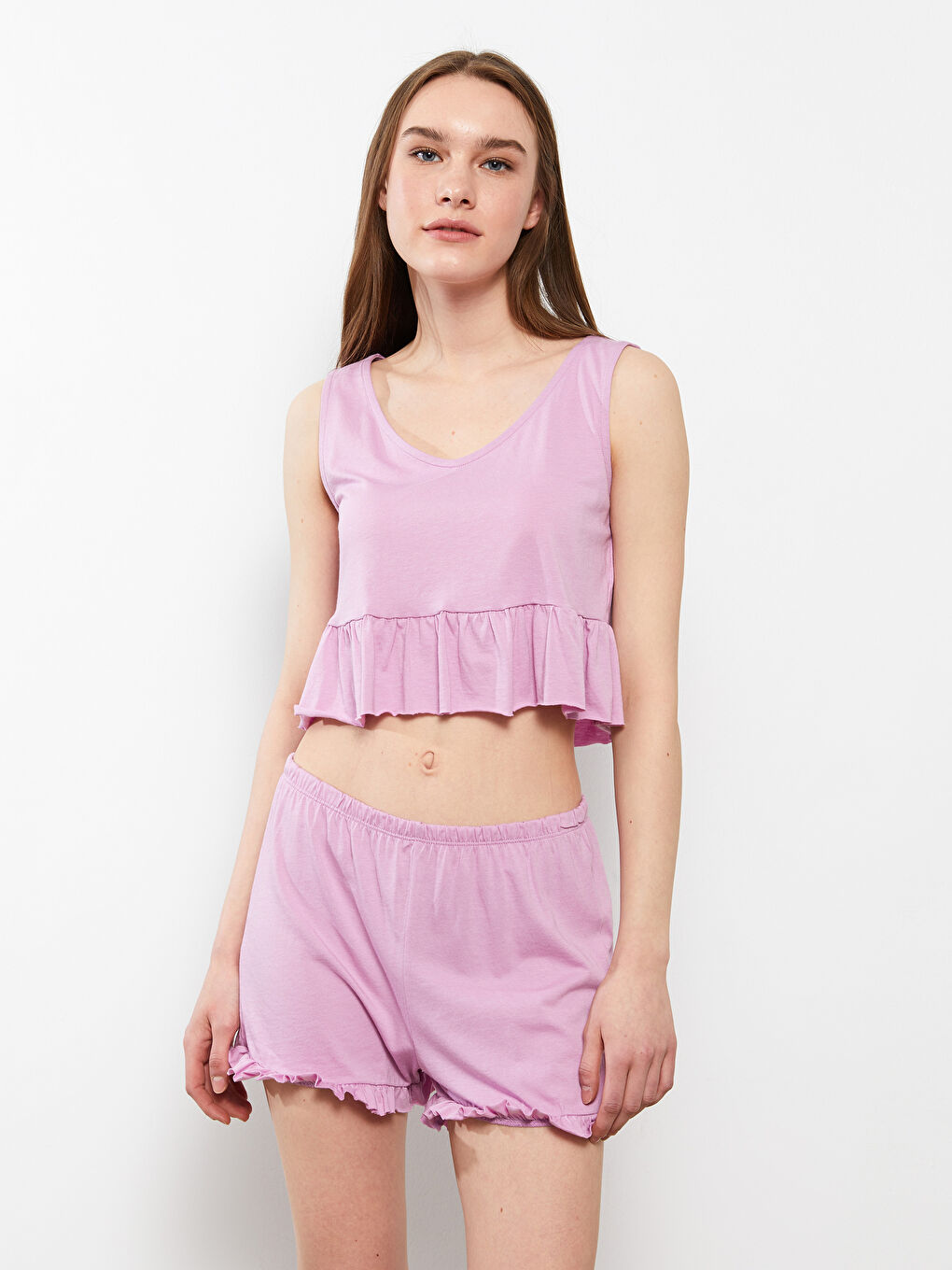 Women's V-Neck Pajama Set with Straight Shorts -S2IM22Z8-GEG