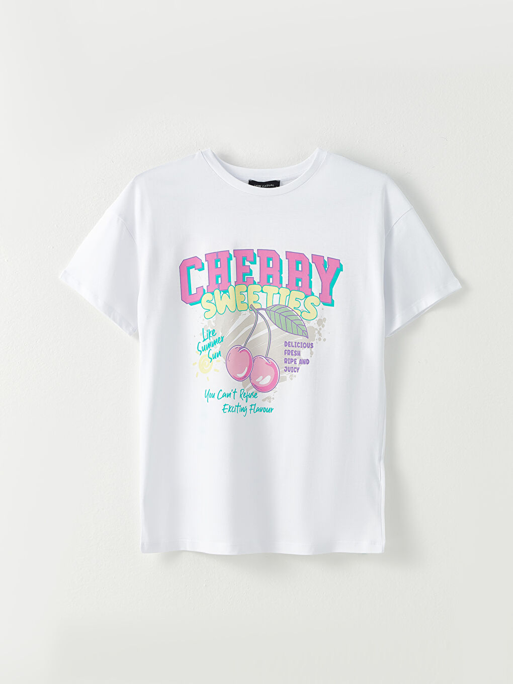 Beyaz Bisiklet Yaka Baskılı Kısa Kollu Pamuklu Kadın Tişört-5