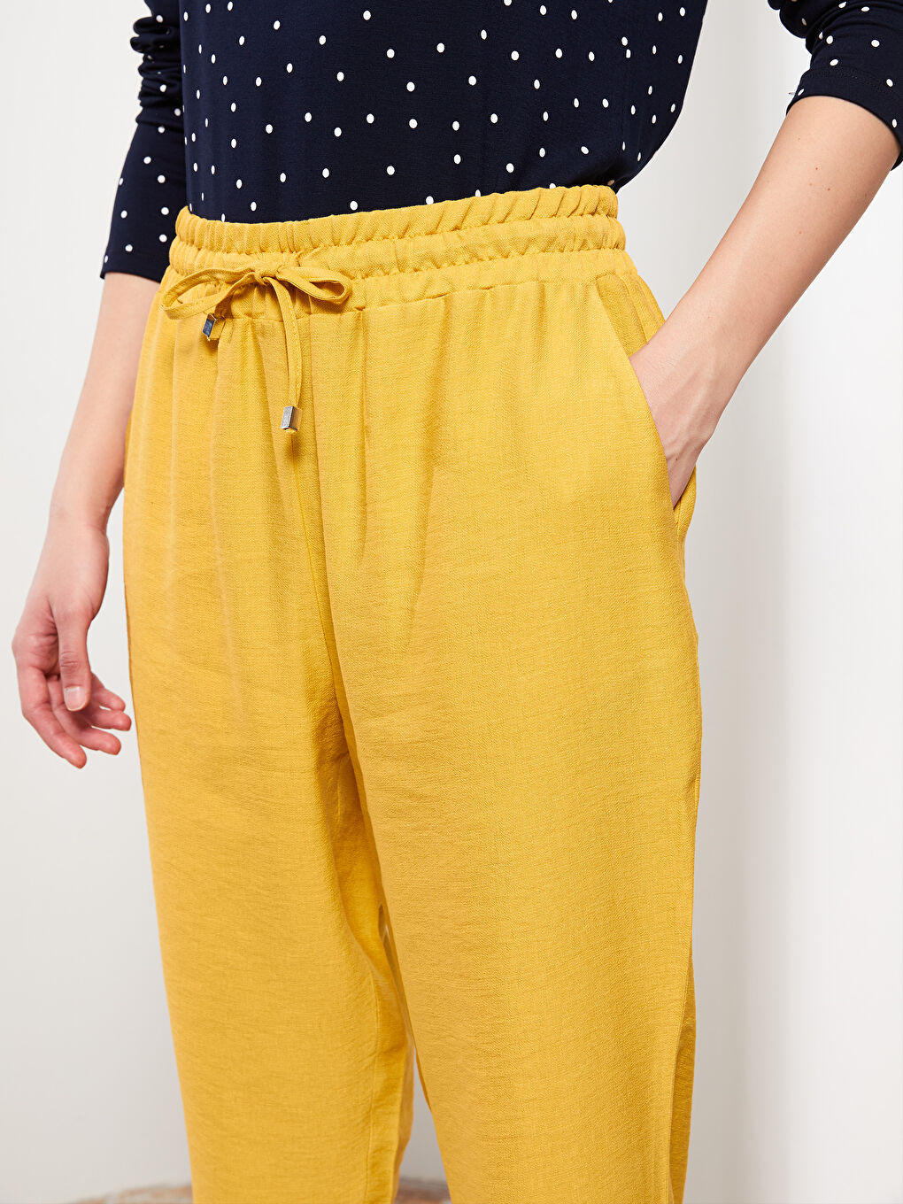Sarı Kadın Beli Lastikli Rahat Kalıp Düz Pantolon-2