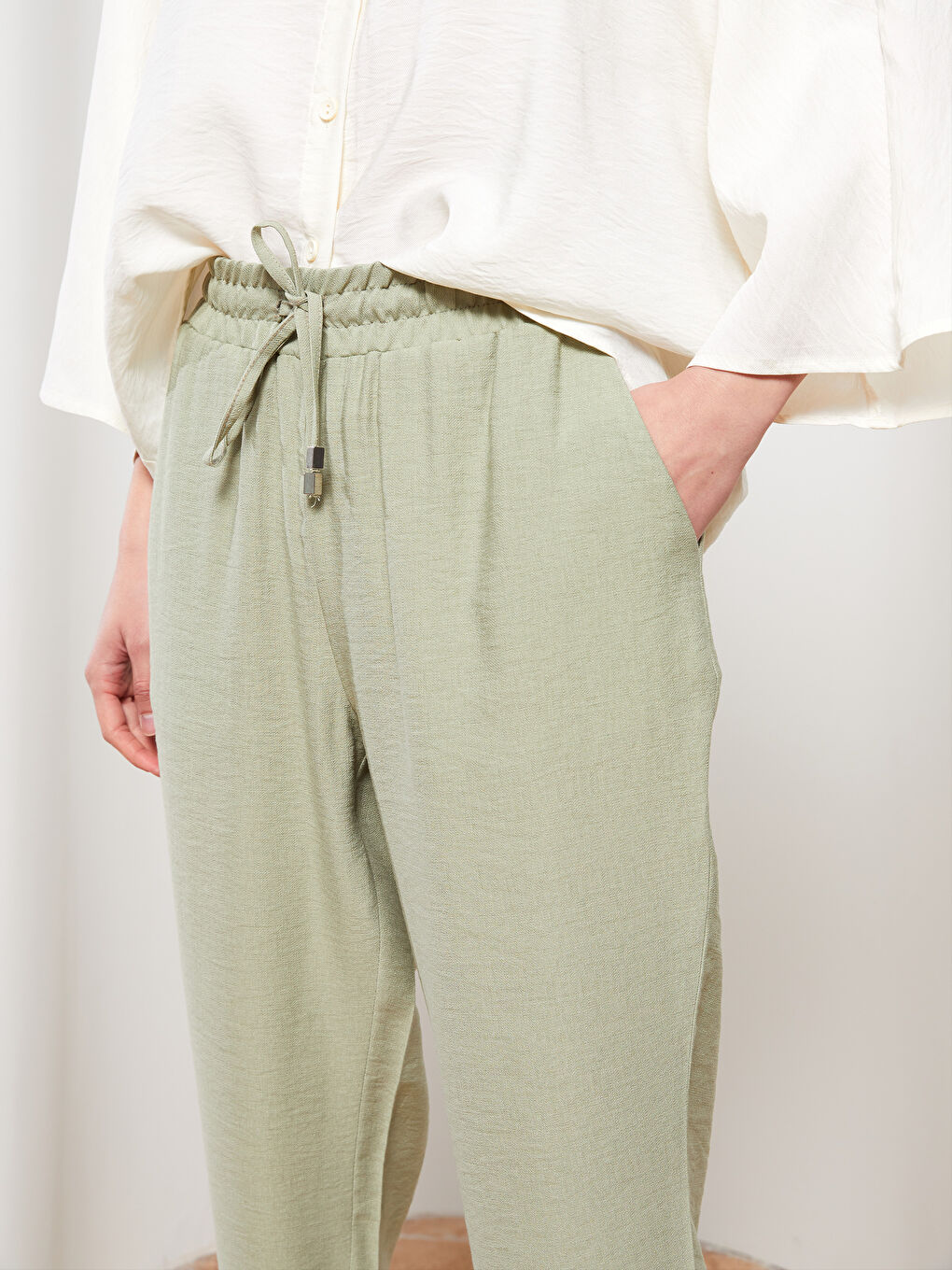 Yeşil Kadın Beli Lastikli Rahat Kalıp Düz Pantolon-2