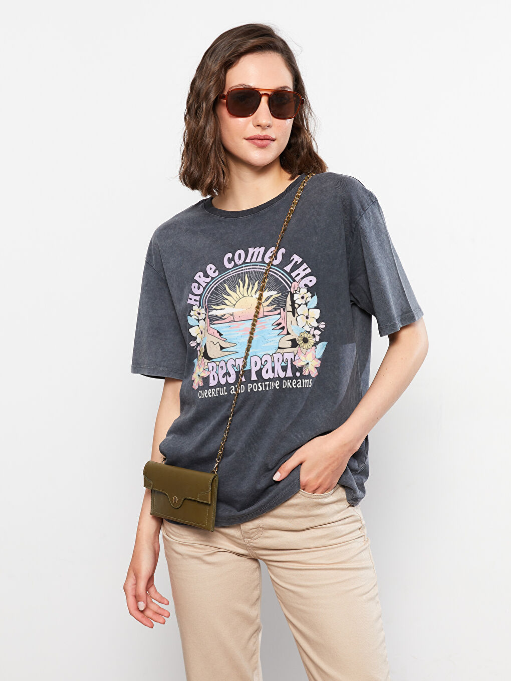 Antrasit Bisiklet Yaka Baskılı Kısa Kollu Pamuklu Kadın Tişört