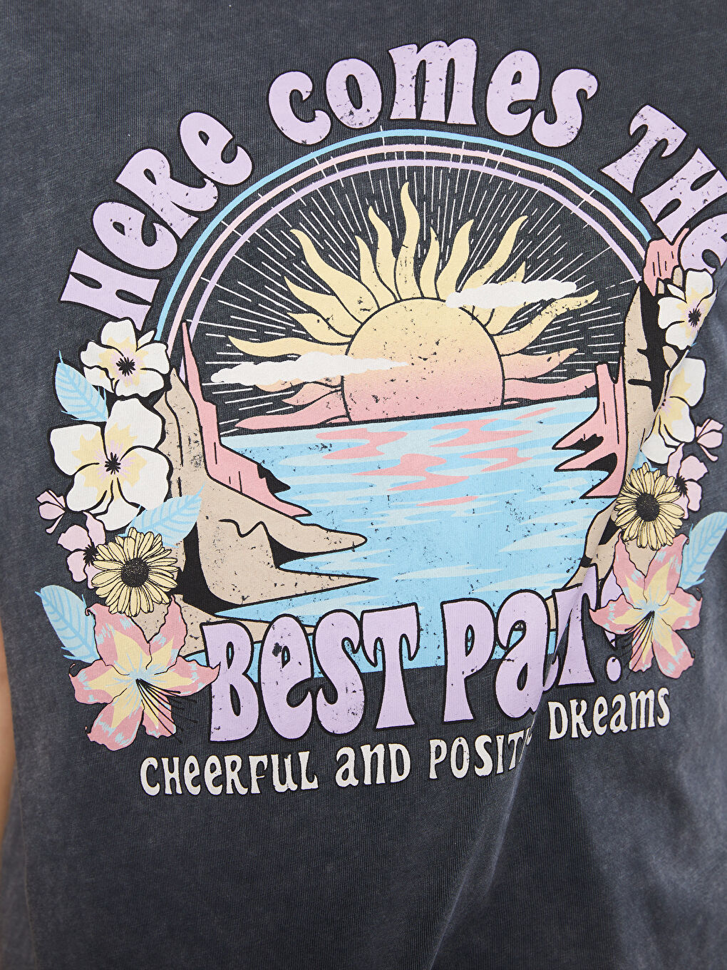 Antrasit Bisiklet Yaka Baskılı Kısa Kollu Pamuklu Kadın Tişört-3