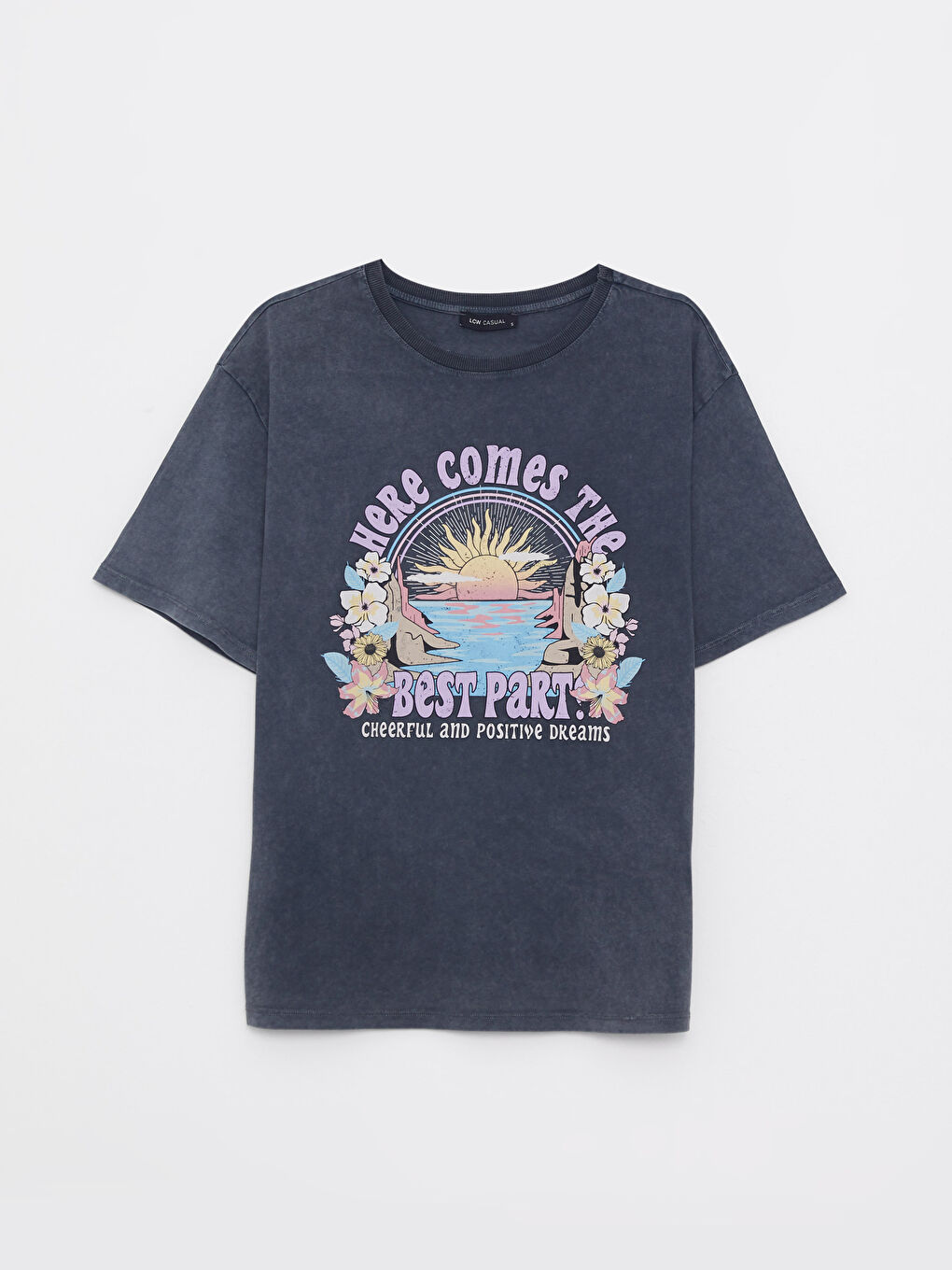 Antrasit Bisiklet Yaka Baskılı Kısa Kollu Pamuklu Kadın Tişört-5