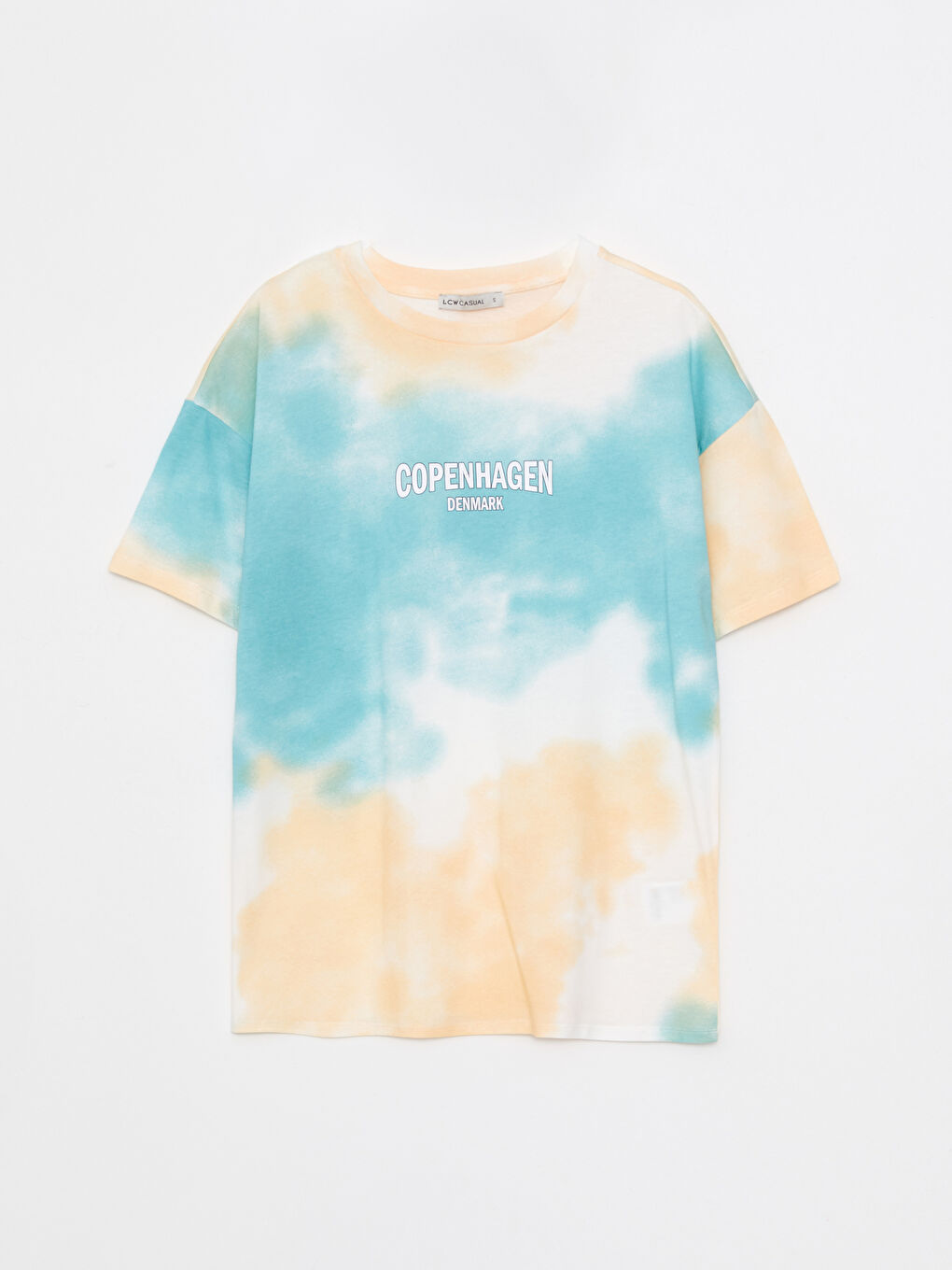 Ekru Bisiklet Yaka Baskılı Kısa Kollu Pamuklu Kadın Tişört-5