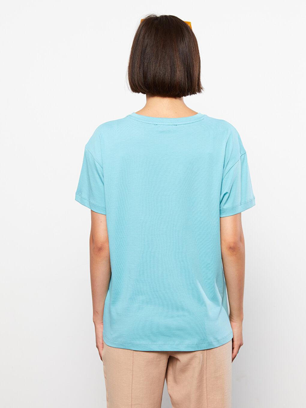 Turkuaz Bisiklet Yaka Baskılı Kısa Kollu Pamuklu Kadın Tişört-4