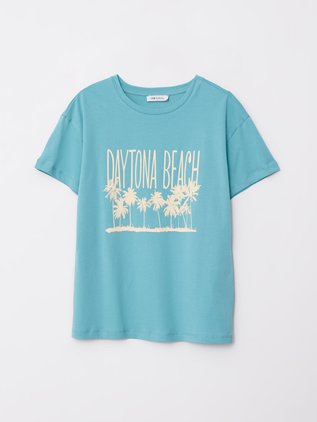 Turkuaz Bisiklet Yaka Baskılı Kısa Kollu Pamuklu Kadın Tişört-5