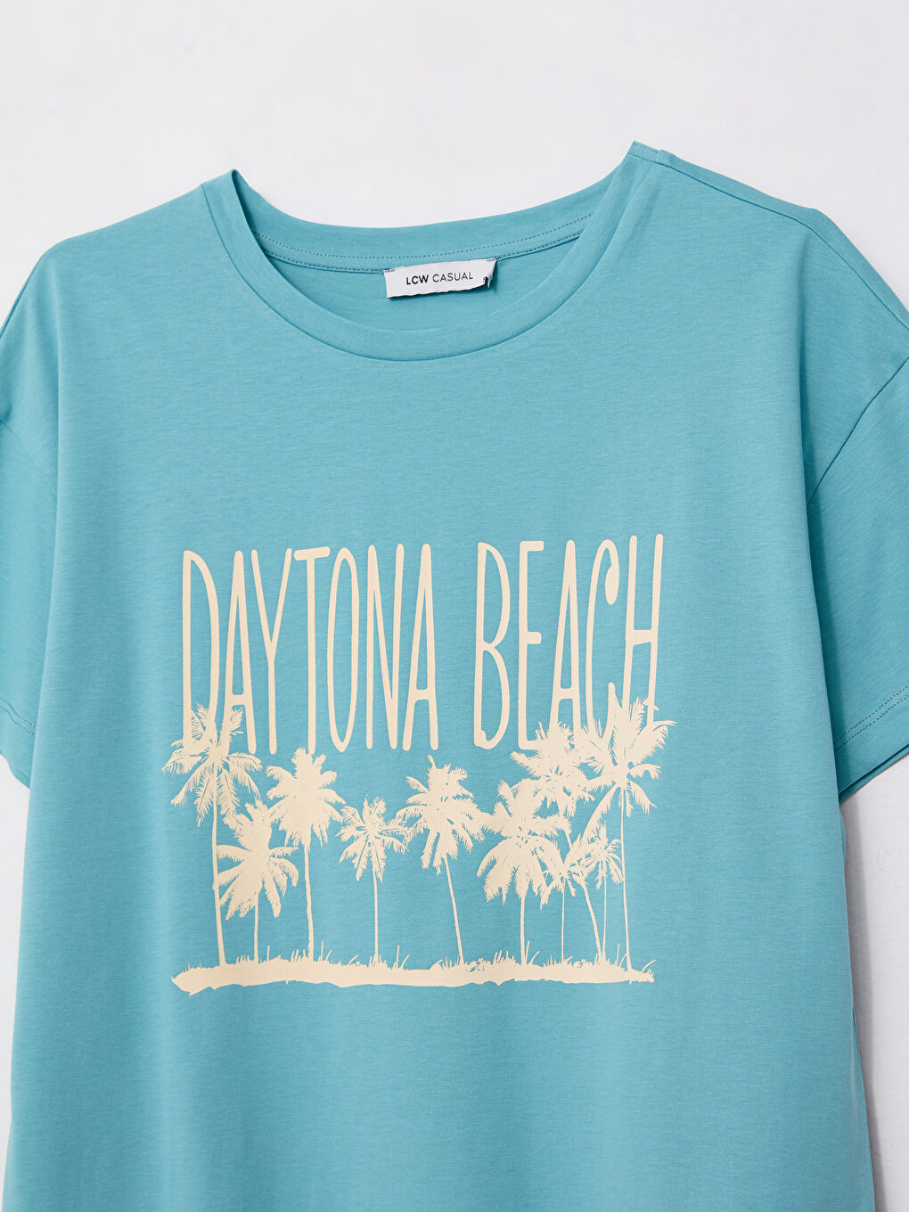 Turkuaz Bisiklet Yaka Baskılı Kısa Kollu Pamuklu Kadın Tişört-6