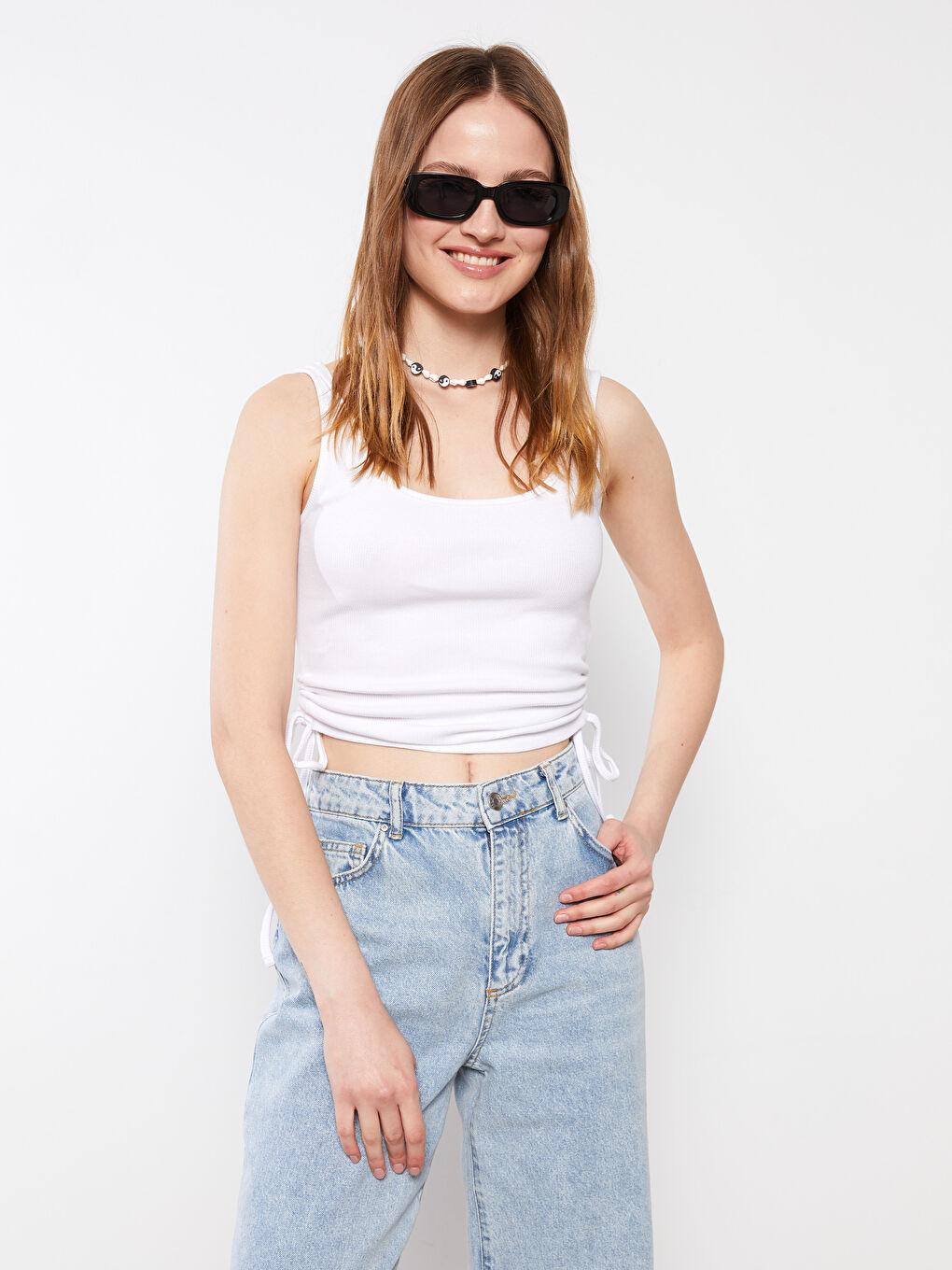 Beyaz Kadın U Yaka Düz Crop-1