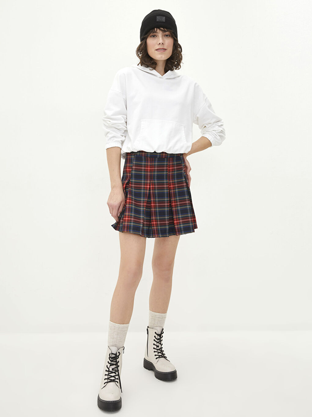 Lacivert Ekose Kadın Mini Etek-1