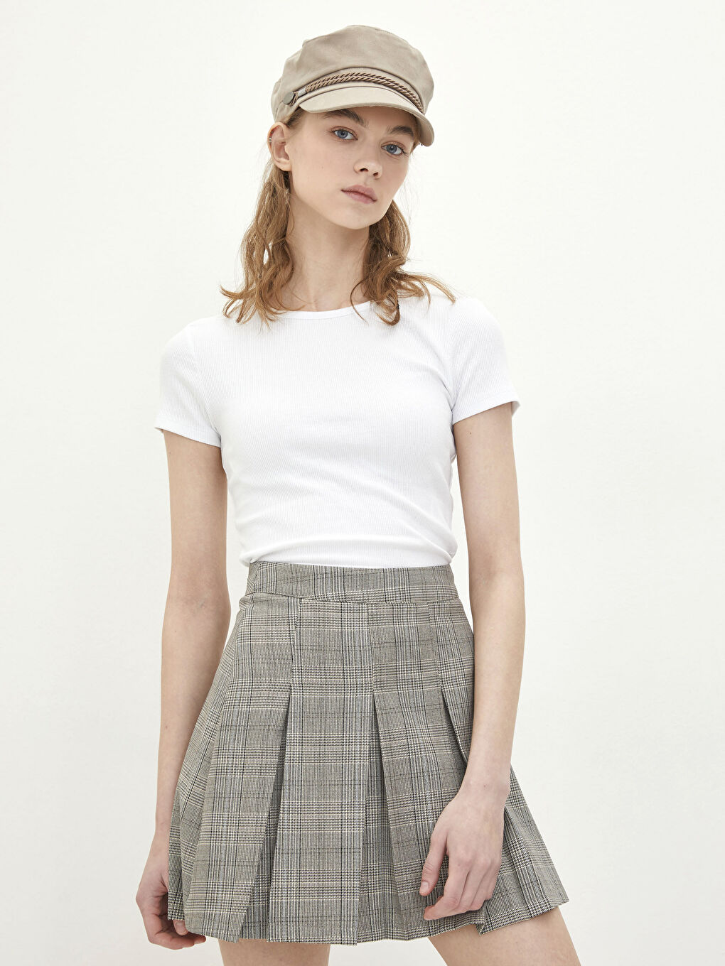 Gri Beli Fermuarlı Ekose Kadın Mini Etek-1