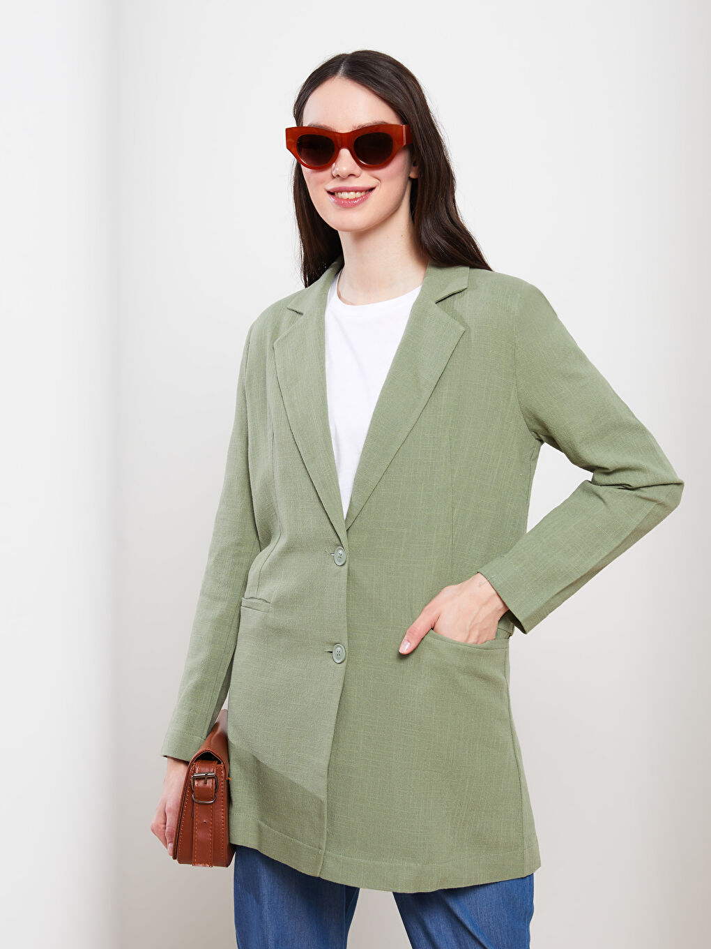 Front Button Closure Straight Long Sleeve Linen Women's Jacket-1