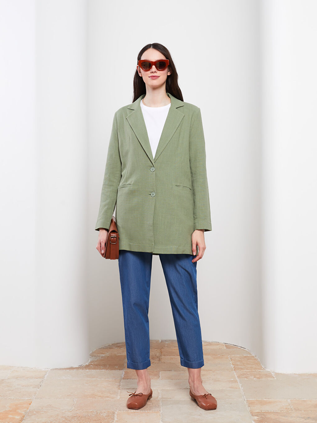Front Button Closure Straight Long Sleeve Linen Women's Jacket-2