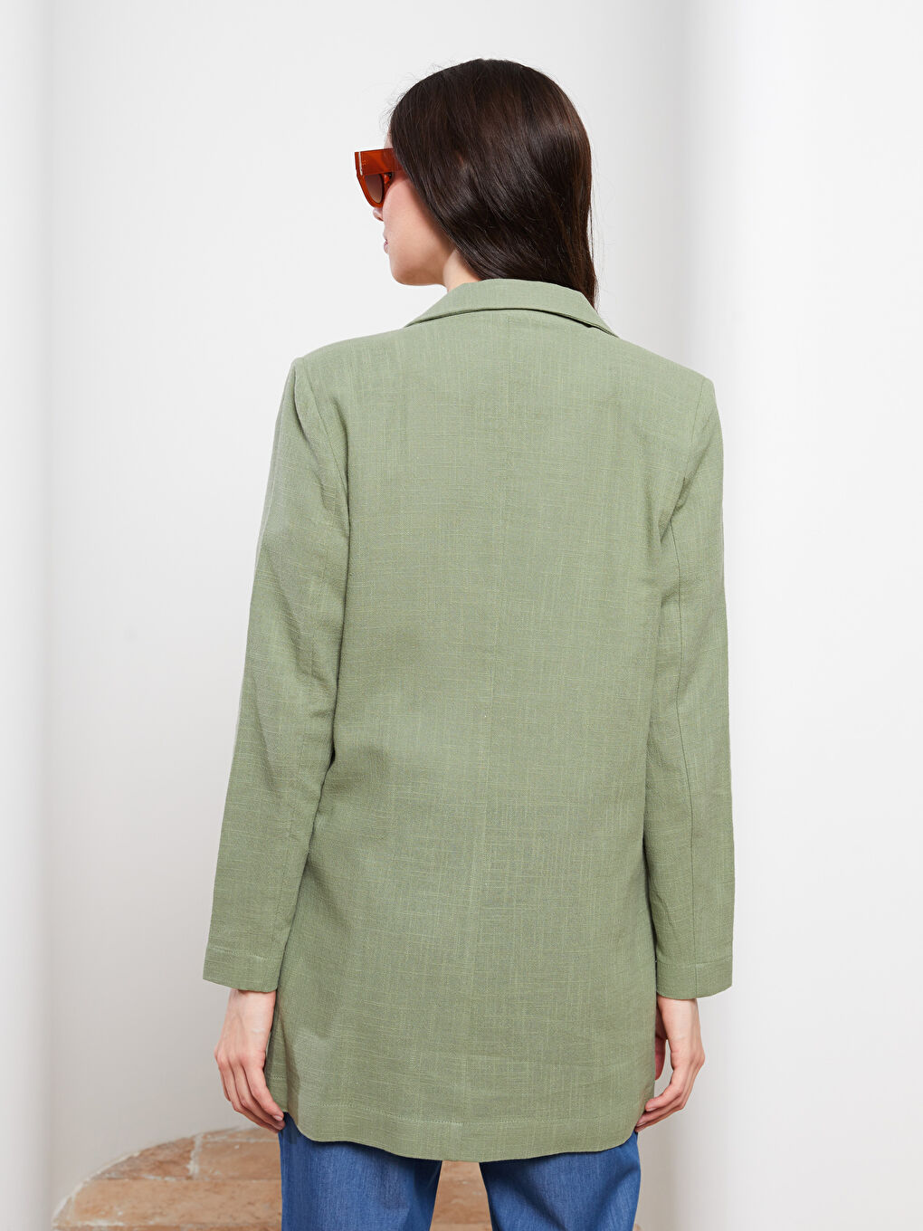 Front Button Closure Straight Long Sleeve Linen Women's Jacket-4