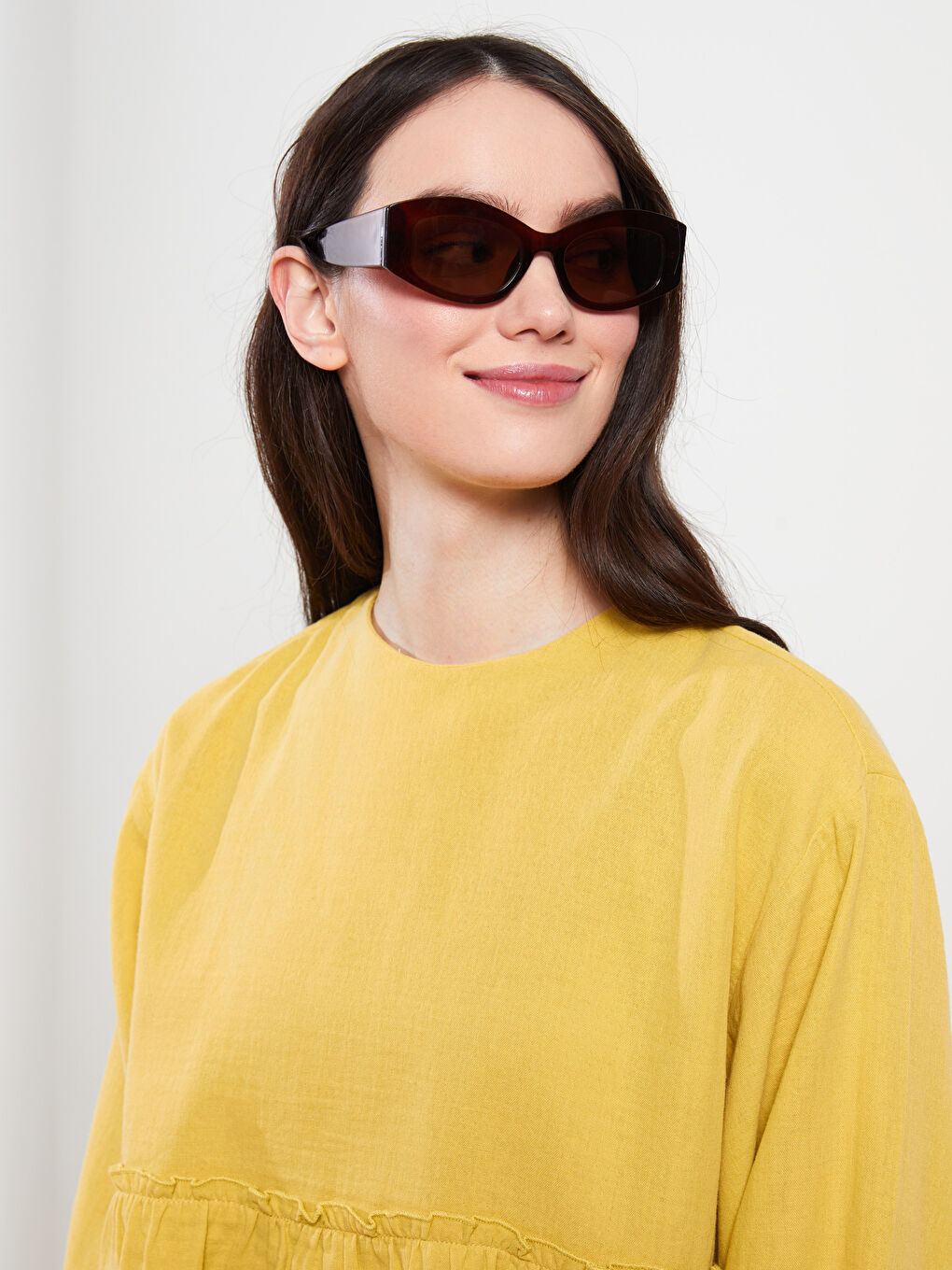 Sarı Bisiklet Yaka Düz Uzun Kollu Müslin Kumaş Kadın Tunik-3