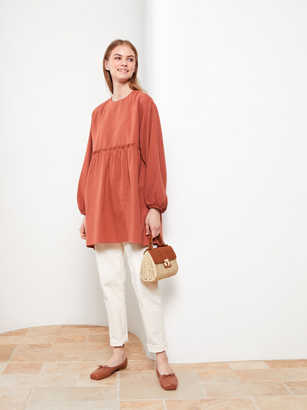 Crew Neck Straight Long Sleeve Muslin Fabric Women's Tunic