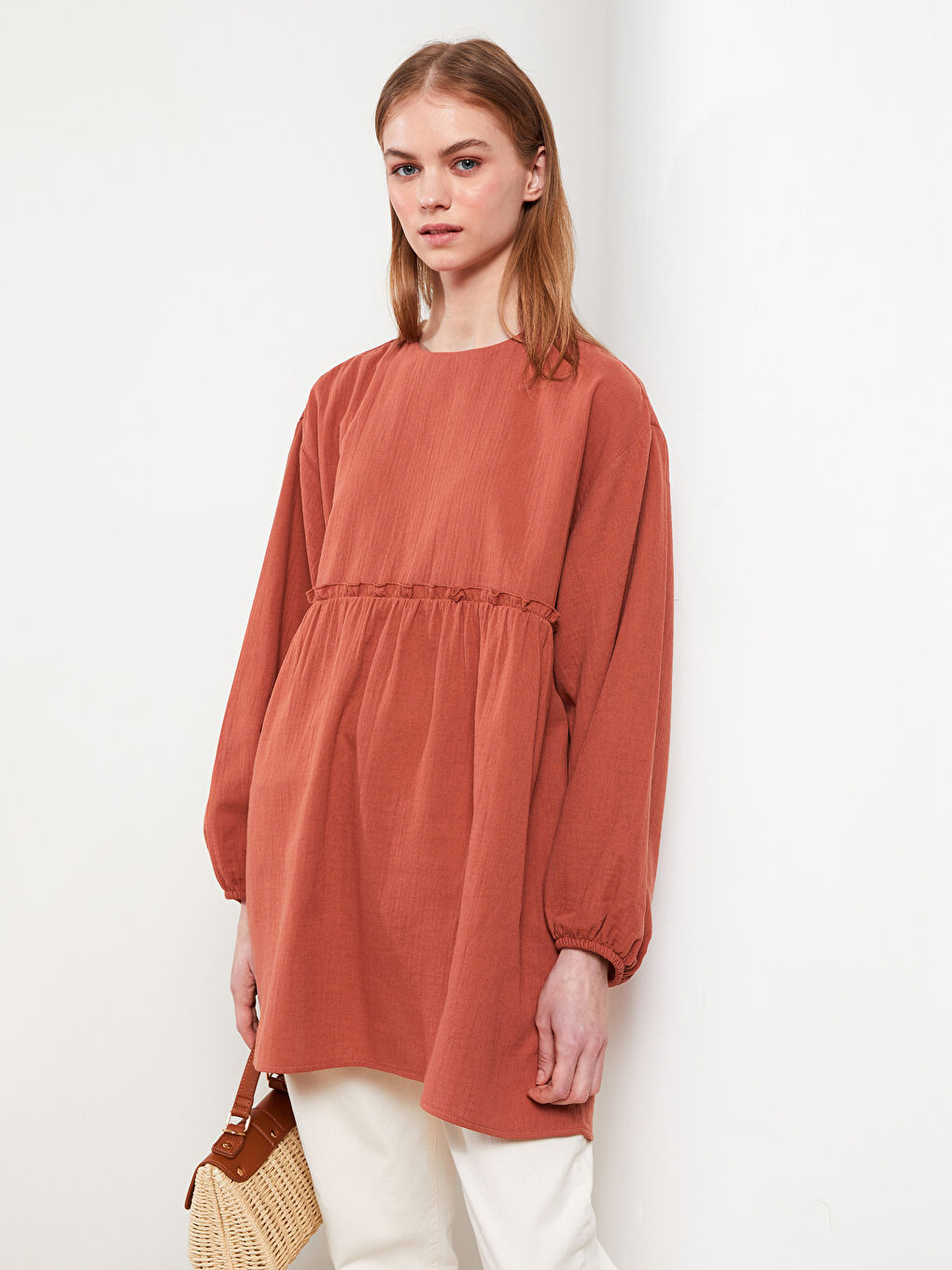 Crew Neck Straight Long Sleeve Muslin Fabric Women's Tunic-1