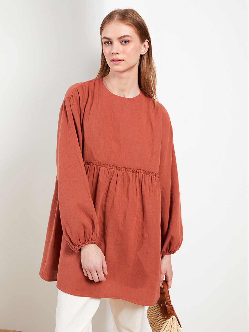Crew Neck Straight Long Sleeve Muslin Fabric Women's Tunic-2