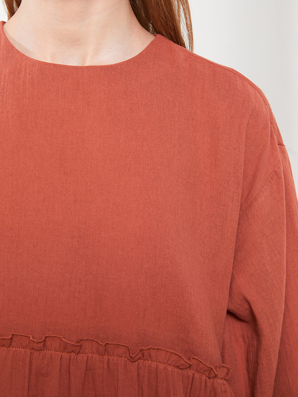 Crew Neck Straight Long Sleeve Muslin Fabric Women's Tunic-3