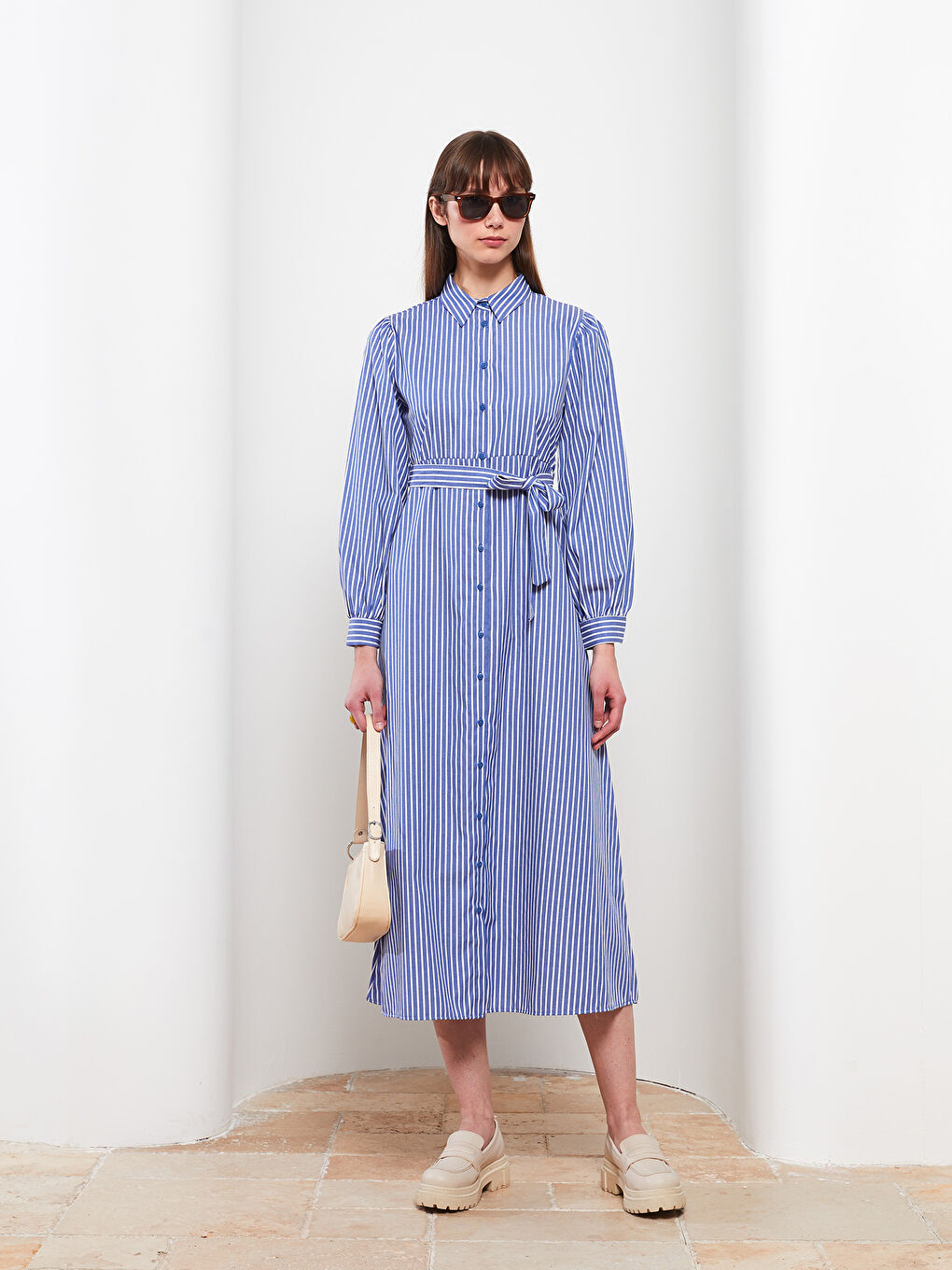 Mavi Çizgili Uzun Kollu Poplin Kadın Gömlek Elbise