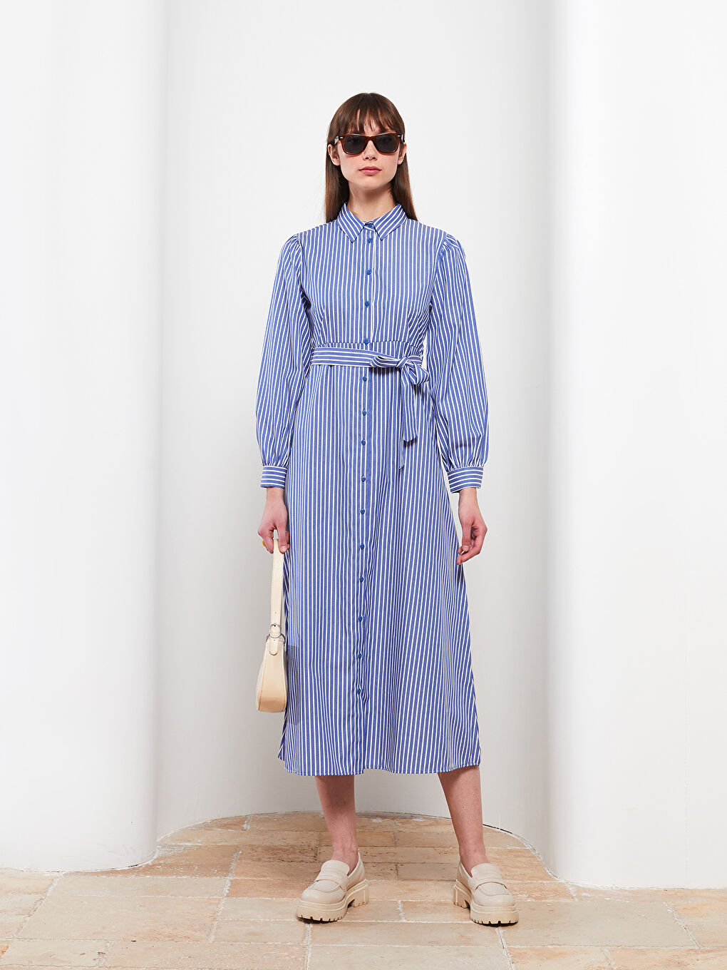 Mavi Çizgili Uzun Kollu Poplin Kadın Gömlek Elbise-1